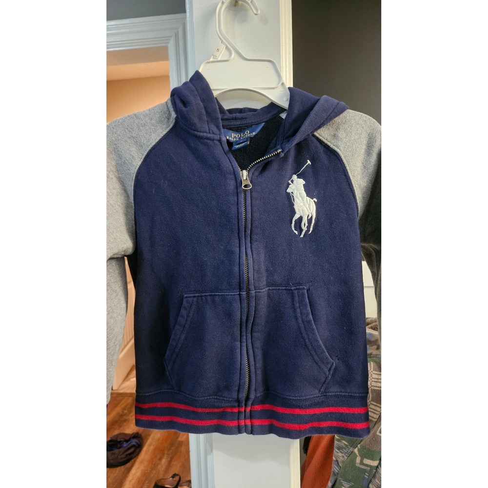 Gorpcore Polo Ralph Lauren Kids Navy Gray Big Pony Full Zip Fleece Hoodie Size 6